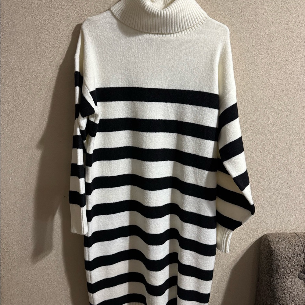 Nine West Black and White Midi Dress with Striped Design and Turtleneck
